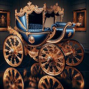 "Design an elaborate baby carriage fit for royalty, with an elegant royal blue body and shimmering gold details. The carriage features exquisite golden ornamentation, with wheels that are masterpieces of craftsmanship, adorned with intricate lace-like filigree patterns. On the side panel of the carriage, the name 'Karen' is inscribed in an ornate, golden script that matches the opulence of the vehicle. The interior is visible, lined with a luxurious material that invites one to sit in comfort and style. The overall design exudes a sense of grandeur and fairytale magic, as if it has rolled out of a storybook page."