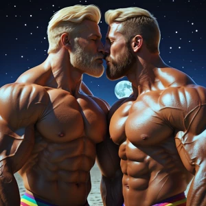 Two muscular men with beards, blonde both bodybuilders and shirt...