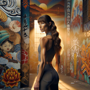 Athletic Thin skinny Attractive, Asian teenage girl, long brown hair and bangs, wearing tight skinny jeans and a halter top paint marks on her clothing, heroic pose Asian graffiti background, backside view