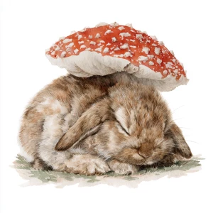 Fluffy brown rabbit sleeping under red spotted mushroom, soft wa...