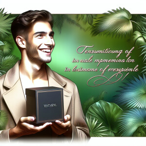 Generate an image of a happy person holding a product with a bac...