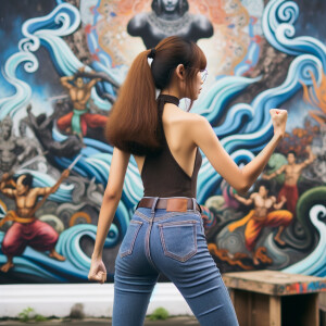 Attractive, Asian teenage girl, long brown hair and bangs, wearing tight skinny jeans and a halter top paint marks on her clothing, backside view heroic pose Asian graffiti