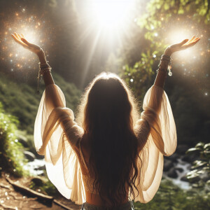 Девушка стоит с широко поднятыми руками вверх. Вокруг природа. И...