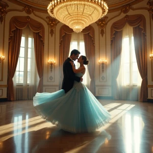 “A breathtaking wide-angle shot taken with a Nikon D850 and a 24-70mm f/2.8 lens. Dahlia Valentina (DahliaValentina_ai) fit tall supple well endowed tanned Italian American model glides gracefully across an opulent ballroom floor, caught mid-turn in a Viennese waltz. She wears a flowing ice-blue ballgown, its delicate lace details shimmering under the golden glow of an enormous crystal chandelier. Her posture is poised, her expression serene as she twirls with an elegant dance partner in a classic tuxedo. The grand ballroom features intricate gilded moldings, towering windows draped with silk curtains, and polished marble floors reflecting their movements. The air feels enchanted, as if time itself has slowed for this graceful moment. The soft depth of field blurs the background slightly, enhancing the dreamlike quality of the scene.”