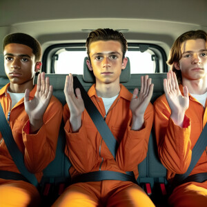 Three Caucasian males, aged 13 to 15,  they have their hands and...