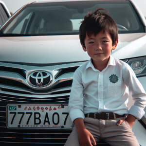 Typical Kazakh boy on white Toyota Camry, with number plates 777...