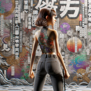 Athletic Thin skinny Attractive, Asian teenage girl, long brown hair and bangs, wearing tight skinny jeans and a halter top paint marks on her clothing, heroic pose Asian graffiti background, backside view