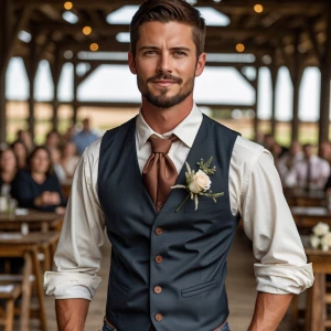 Photography, look to the front, a groom in vest, rolled-up sleev...