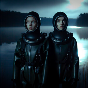 Two girls in a hydro suit stand with their backs to the lake in...
