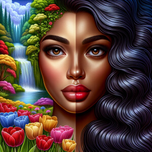 Create a digital artwork showing a half-portrait of a light-skin...