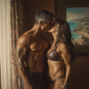 Hyperrealism   ,a latin muscular beefy tattoed sweaty man kissin...