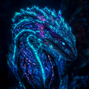 A grotesquely beautiful creature. its scales illuminated by eeri...