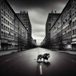 Old soviet city, gray sky, lonely wild lione wolking araund the...