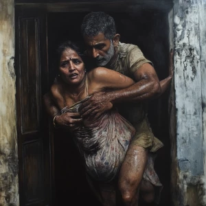 Hyperrealistic painting,a muscular sweaty man carrying his 48 ye...
