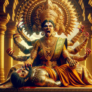 portrait of angry looking, four-armed indian goddess  sitting on a gold crown and carrying a weak mahishasur on her lap and poking his abdomen with her amazingly long red fingernails . She is wearing gold armor, a huge gold crown, gold saree, abundant  gold jewelry, covered in blood. The scene is set in ancient India. The image is 8K resolution, cinematic, photography, ultra detailed face and epic.