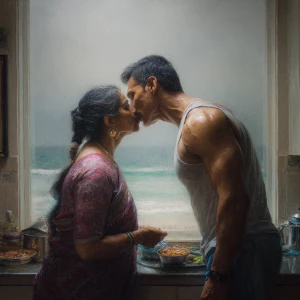 Hyperrealism.a muscular sweaty indian  man  standing and kissing...
