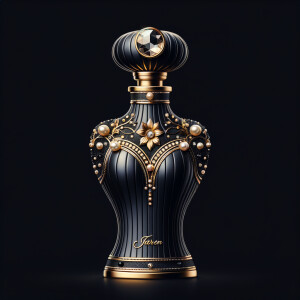 Design a fancy, black and gold bottle of perfume in the shape of a woman’s body. With a golden diamond top, flowers pearls and Diamonds in the name, Karen