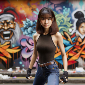 Athletic Thin skinny Attractive, Asian teenage girl, long brown hair and bangs, wearing tight skinny jeans and a halter top paint marks on her clothing, heroic pose Asian graffiti background