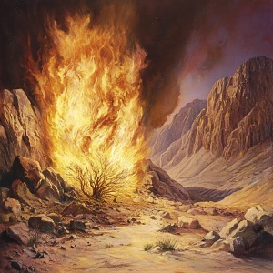 Illustrate the biblical scene where Moses encounters the burning...