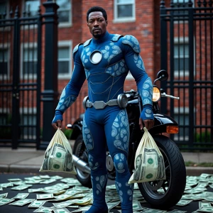 Afrocentric ironMan, clad in a all blue armor suit adorned with a paisley pattern, stands confidently with a bag of money in each hand, surrounded by scattered dollar bills at his feet. He is leaning casually on a motorcycle. Behind him, there's a red brick apartment complex, secured by an elegant black wrought iron gate.