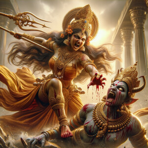 portrait of angry looking, indian goddess lunging at a weak mahishasur with a trident in her hand. She is wearing gold armor, a huge gold crown, gold saree, abundant  gold jewelry, covered in blood. The scene is set in ancient India. The image is 8K resolution, cinematic, photography, ultra detailed face and epic.