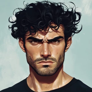 Well done handsome man with black curly hair, short hair, thick...