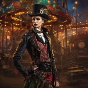 "Imagine a vibrant, chaotic scene set in a gritty, neon-lit carn...