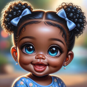 ultra realistic Chibi Style oil painting of Med olive skin  cute African-American American baby girl with deep deep dimples on both checks smiling huge, blue eyes, wearing a blue onesie two curly black pigtails with blue
 ribbons. crystal blue eyes. up-close view bokeh background

S/O Genae Kulah