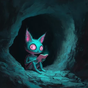 Create an image depicting a college-aged demon alien researching...