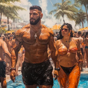 realism  style art,a muscular beefy sweaty man walking  with his...