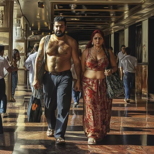 Photorealism.A sweaty beefy man walking with his 54 year old kas...