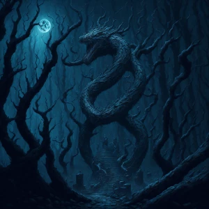 "Amidst a shadowy forest, a colossal, majestic serpent coils sil...