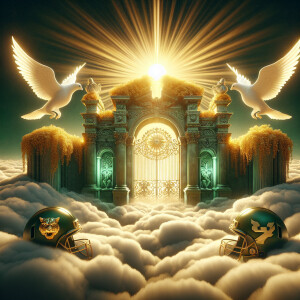 A heavenly or ethereal setting with a golden sun emanating radia...