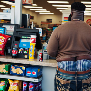Full body black thug with very low haircut and facial hair weari...