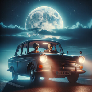 A 1975-style car on a deserted road under a moonlit sky. The car...