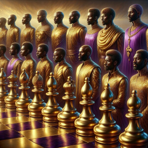 3-D realistic oil, painting, Oh a gold, and purple human chessbo...