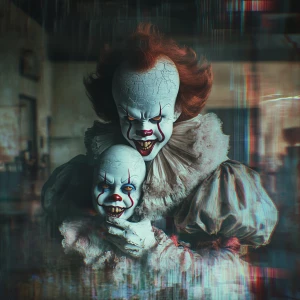 Sinister clown that strongly resembles pennywise is holding a li...