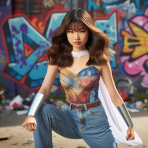 teenage girl, long brown hair and bangs, wearing tight skinny je...