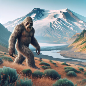 Create an image of a large and majestic Sasquatch, covered in de...