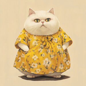 A fat cat wearing a yellow floral patterned nightgown is standin...