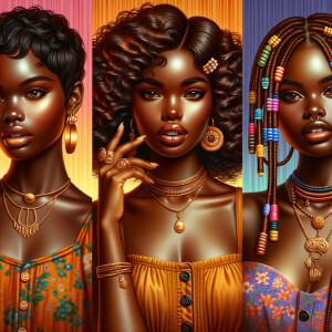 An image of three charming attractive curvy African American brown skin tone women, each one has different hairstyles fashion models together multiple necklaces rings, 4K HDR action painting colorful background