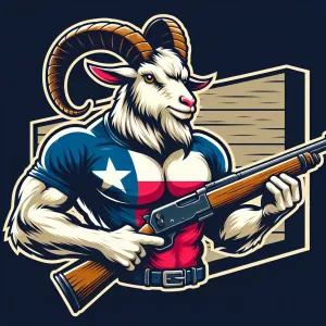 muscular goat 
with texas flag shirt shooting a rifle