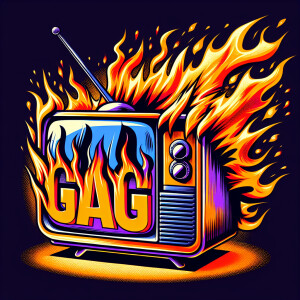 Tube TV with the word “GAG” on the screen on fire cartoon logo