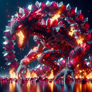 An extraterrestrial creature crafted from shimmering rubies, bla...