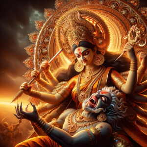 photograph of gorgeous goddess durga slaying mahishasur by carrying him like a baby and stabbing him with her fingernails. she should wear Gold jewelry all over the body. she is angry. sunset in the background. Epic scene. 4k, HDR.