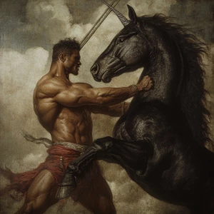 Unicorn-man fighting the black stallion