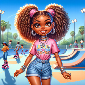 "Create a cartoon airbrush artwork of a confident light-skinned...