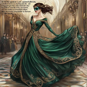 "In the opulent ballroom, a masked beauty captures every gaze, h...