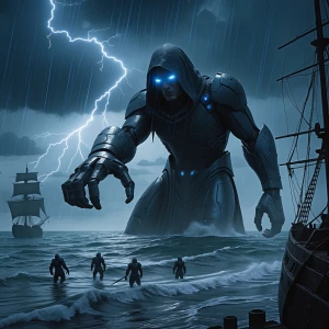 A colossal, shadowy, hooded figure with glowing blue eyes and a...