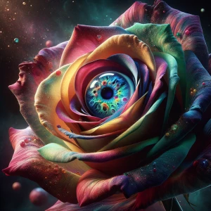 A Multi-colored Rose, the petals shifting hues from deep crimson...